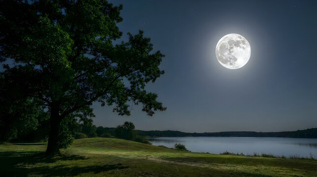 Full moon shining over a quiet lake at night illustration