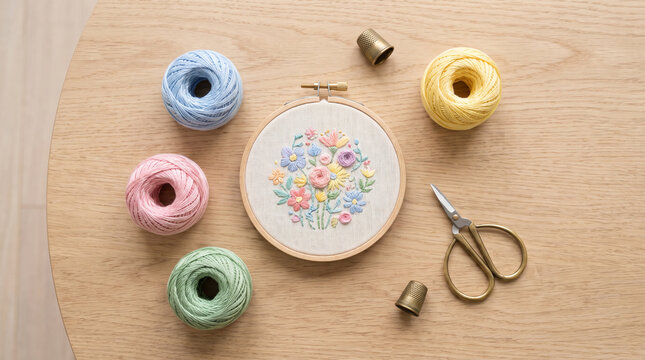 Hand embroidering floral pattern hoop with colorful threads and scissors  