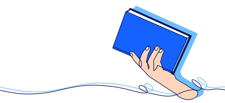 A line art cartoon illustration depicting a hand holding a book, symbolizing education and literature