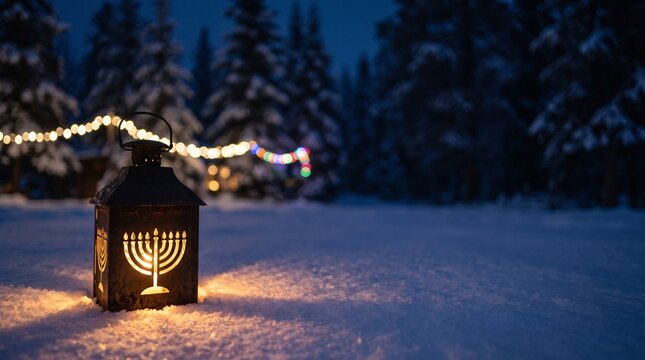 Hanukkah lantern glowing in winter snow, festive menorah light in snowy forest, holiday background