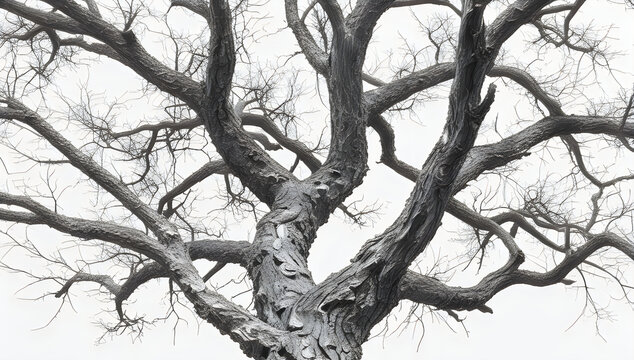 Old oak tree branches without leaves in winter illustration
