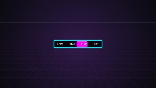 Retro 80s Cyberpunk Game Menu Background Loop with Neon Grid and UI Elements