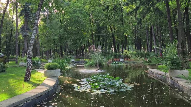 Scenic view of a small artesian water fountain in a pond surrounded by lush green trees and shady walkways in historic Copou Park, Iași.