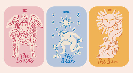 The Lovers, Star, Sun. Tarot Cards set. Major arcana. Unique colorful style. Trendy design. Hand drawn Vector illustration. Spiritual sign. Occult, alchemy, esoteric, magic mystery, prediction concept © Dariia