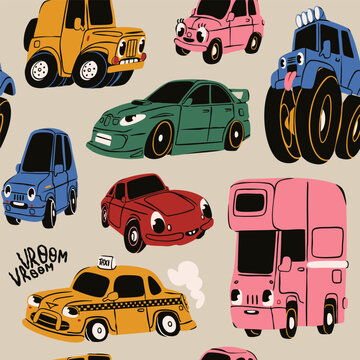 Cartoon Cars with eyes, various emotions. Different vehicles. Cute characters. Retro comic style. Hand drawn trendy Vector illustration. Square seamless Pattern, background, wallpaper