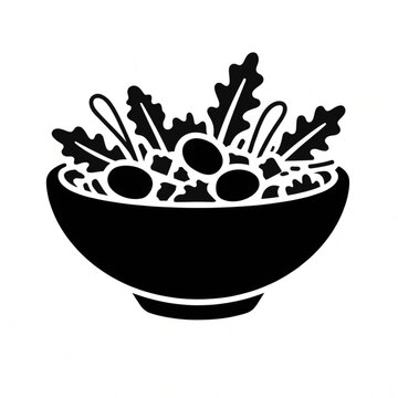 Minimalist salad bowl icon, black silhouette of fresh vegetable salad, healthy food symbol for restaurant menus and vegan branding