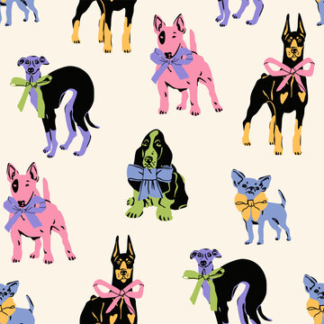 Different cute Dogs with ribbon collars. Various breeds. Funny domestic animals in various poses. Doberman, whippet, chihuahua, bull terrier, basset hound. Hand drawn Vector seamless Pattern