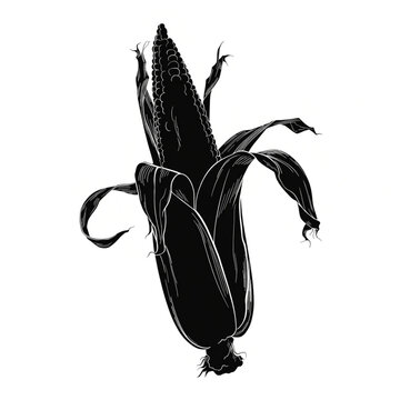 Vintage black corn cob silhouette, hand drawn botanical corn on the cob illustration, rustic vegetable sketch for organic food branding