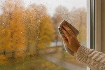 Fototapeta premium Wiping fogged window glass with cloth on autumn day