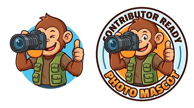 Monkey mascot character holding camera for photography brand.