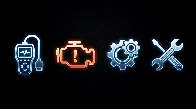 Neon automotive service and car repair dashboard icons.