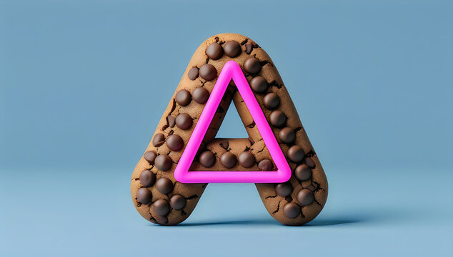 Letter A cookie with chocolate chips and pink neon frame illustration