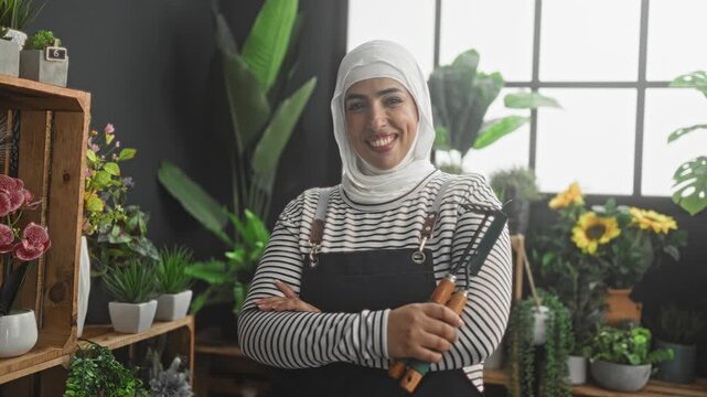 Woman florist in apron and white hijab holds pruning shears and trowel with crossed arms, smiling amid potted plants on wooden shelves in studio; warm confidence.