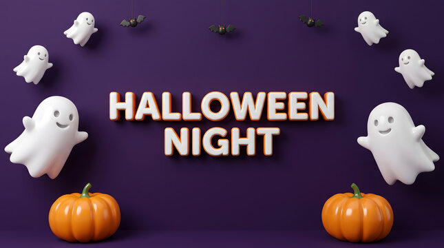 Halloween Night Background With Ghosts And Pumpkins