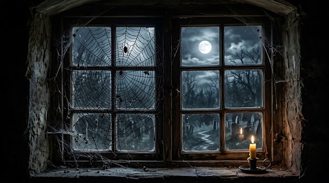 Creepy Haunted House Window View with Full Moon and Cobwebs for Halloween Seasonal Background
