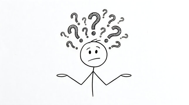 Confused stick figure with many question marks above head illustration