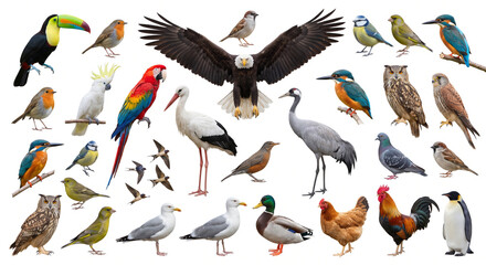 Fototapeta premium Collection of various bird species in a colorful arrangement on white background
