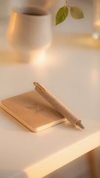 A specklepatterned cork pen rests diagonally across a small tan notebook on a smooth reflective white surface