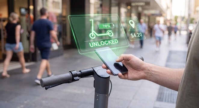 hand holds glowing scooter rental interface above smartphone to confirm unlock status, verify battery charge level, track fare estimate calculation, and manage urban shared mobility transportation
