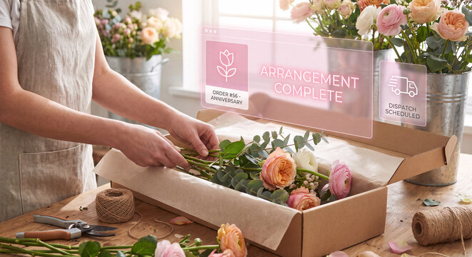 hands arrange floral delivery box beneath glowing order completion interface to confirm arrangement status, verify dispatch scheduling, track order ticket details, and manage small business floral