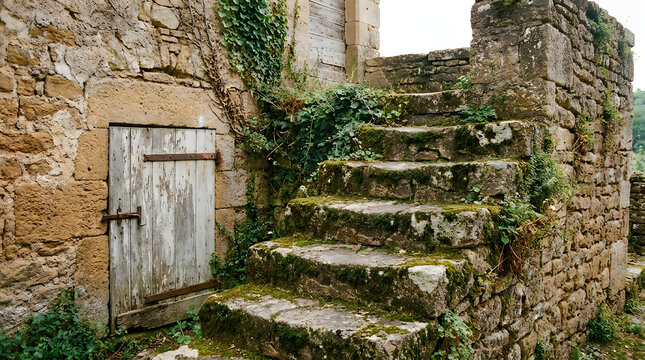 Old stone stairs with moss and wooden door in ruins illustration