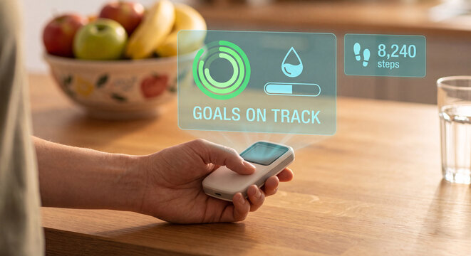hand holds glowing personal wellness tracking interface above scanner to confirm daily activity goal status, verify hydration level logged, track step count progress, and manage personal health