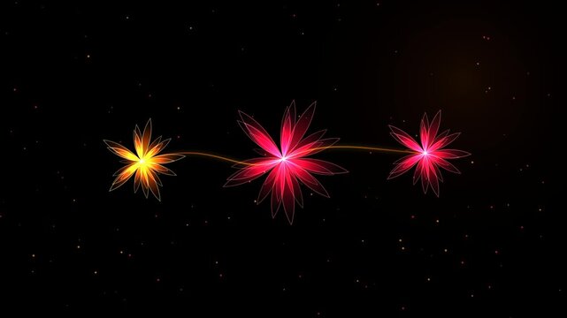 A widescreen horizontal triptych featuring three luminous crystalline ruby roses. Swirling gold and pink energy filaments and glowing ember petals sweep across a dark background, perfect for luxury, f
