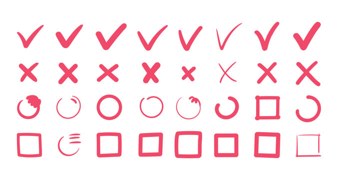 Collection of Pink Marks and Symbols: A diverse array of hand-drawn pink symbols, including checkmarks, crosses, circles, and squares, neatly arranged in rows.
