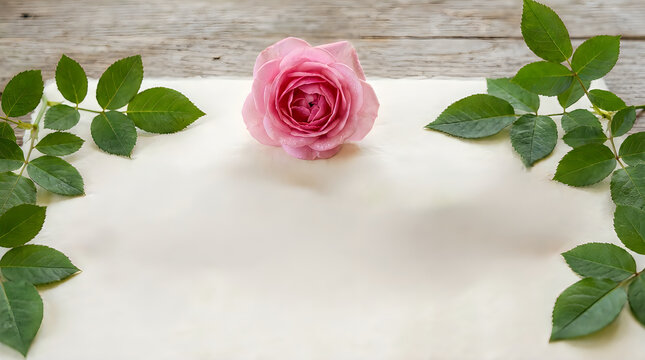 Beautiful pink rose flower with green leaves on wood table illustration