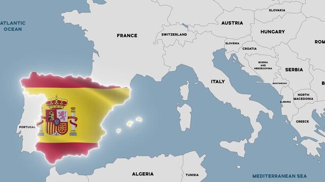 4K animation of a political map of Spain highlighted with the colors of the Spanish national flag