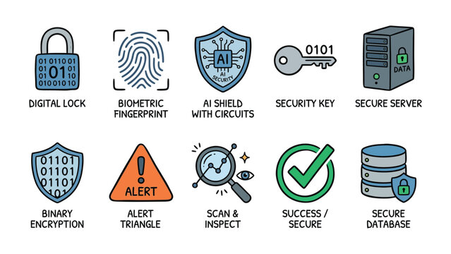 Security and Technology Icons: A collection of illustrative icons representing digital security, including a padlock, fingerprint, AI shield, key, server, binary code, alert sign, magnifying glass.