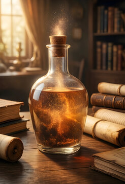 Alchemy and magic potion, mystical elixir in glass bottle with glowing golden energy on old wooden desk with ancient scrolls and vintage library books