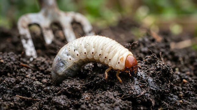 White grub larva in soil with garden fork