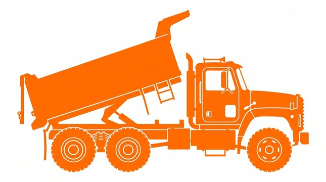 Orange silhouette of a heavy duty dump truck with raised tipper bed for construction work