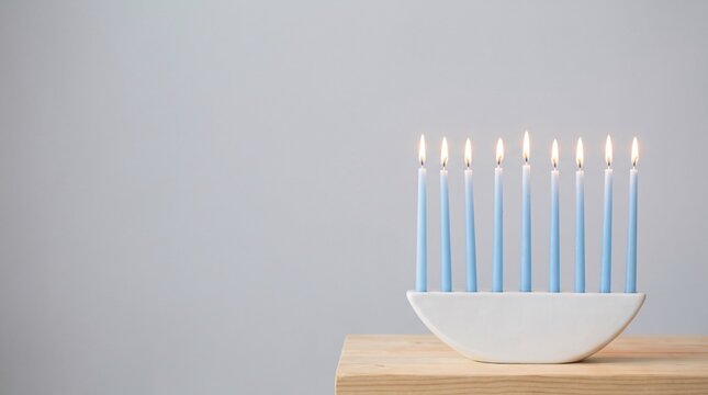 Minimalist Hanukkah menorah with burning blue candles, modern white ceramic chanukiah on wooden table, Jewish holiday celebration concept