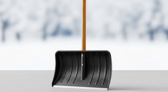 A traditional snow shovel featuring a long wooden handle and a black plastic scoop stands ready for winter driveway and sidewalk clearing, tool, blade, equipment