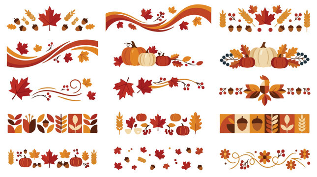 Fall borders set, autumn harvest design elements, thanksgiving holiday vector illustrations, pumpkins, maple leaves, acorns, wheat, berries, decorative