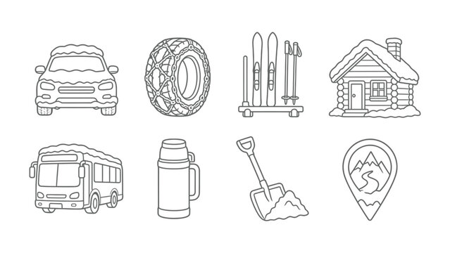 Winter Holiday Icon Set: A collection of charming line art icons depicting elements of a winter holiday, including a car, tire, skis, cabin, bus, thermos, shovel, and location pin.