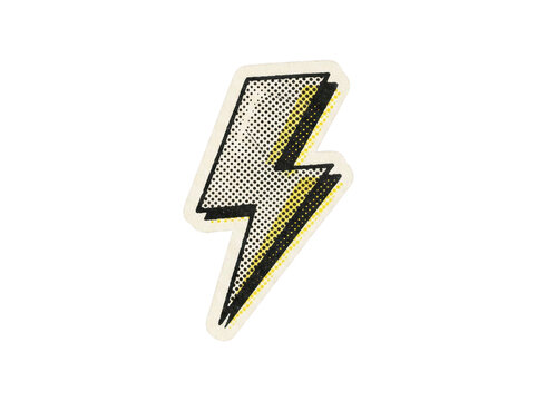 Retro halftone lightning bolt sticker icon with comic dot pattern on transparent background