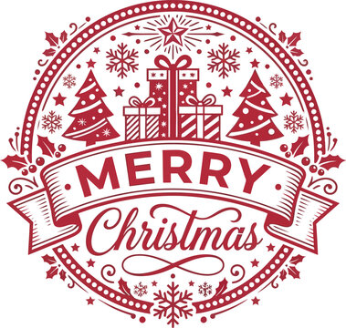 Merry Christmas Vintage Badge with Christmas Trees and Gifts