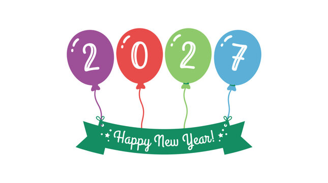 Colorful 2027 New Year Balloons with Happy New Year Banner