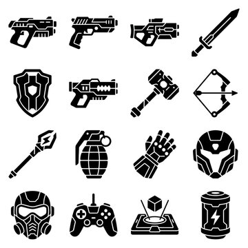 A collection of black and white video game weapon and gear icons. vector illustration