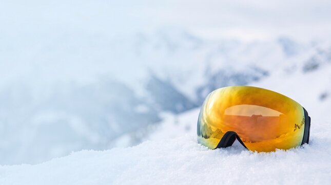 Yellow ski goggles on fresh white snow, winter sports eyewear in snowy mountains, alpine snowboarding gear background