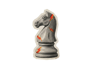 Chess knight piece sticker with halftone dot print and red lightning bolts isolated on transparent background © creatfive
