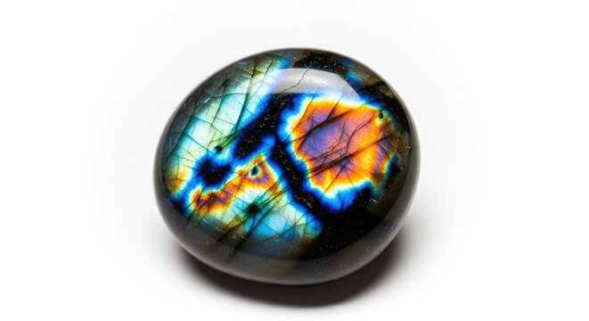 Polished labradorite gemstone displays vibrant blue and orange iridescence on a dark mineral surface, perfectly isolated on a white background, rainbow, macro, magic
