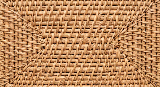Close-up view of a tightly woven natural rattan basket texture with intricate patterns