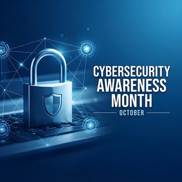 High tech Cybersecurity Awareness Month graphic showing padlock security shields and digital network overlay on blue.