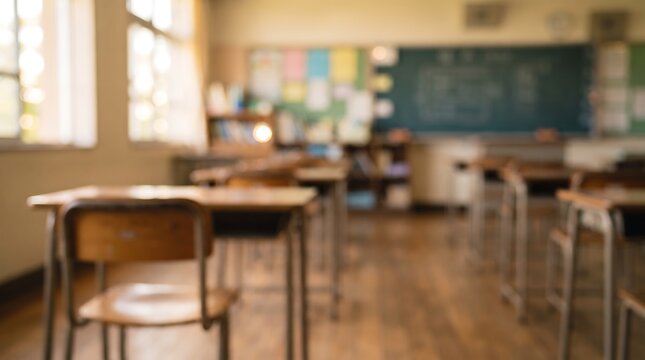 Empty School Classroom Interior With Wooden Desks and Chalkboard