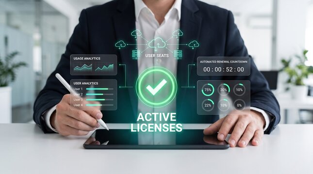 Digital software license management system with subscription tracking, business professional reviewing active licenses, usage statistics and renewal countdown on a tablet