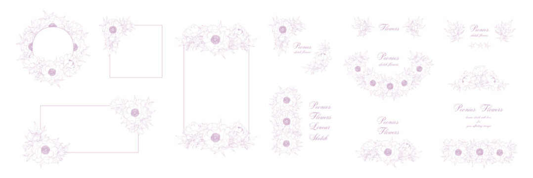 Outline peony frames set. Collection of delicate peonies arrangements with border or text for creating wedding invitations, holiday greeting cards. Isolated elegant floral decor, monogram.